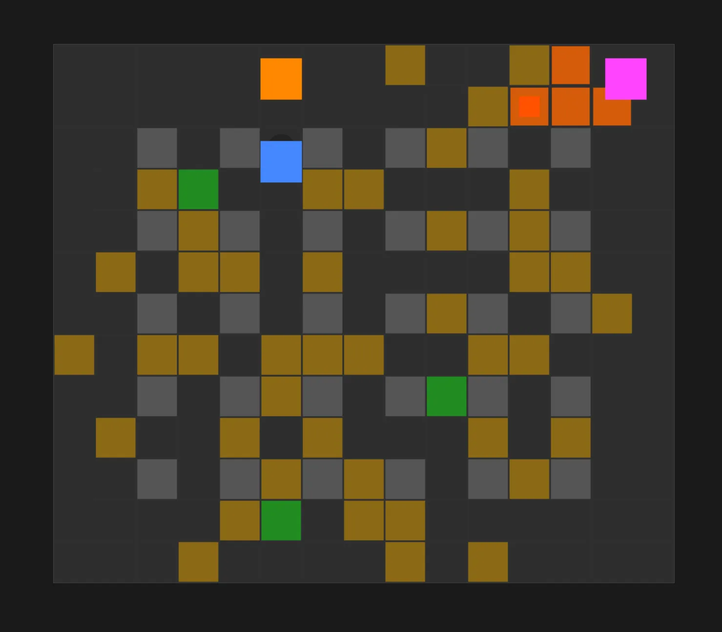 Boom clone current state — colored rectangles on a tile grid, bots and breakable blocks scattered around
