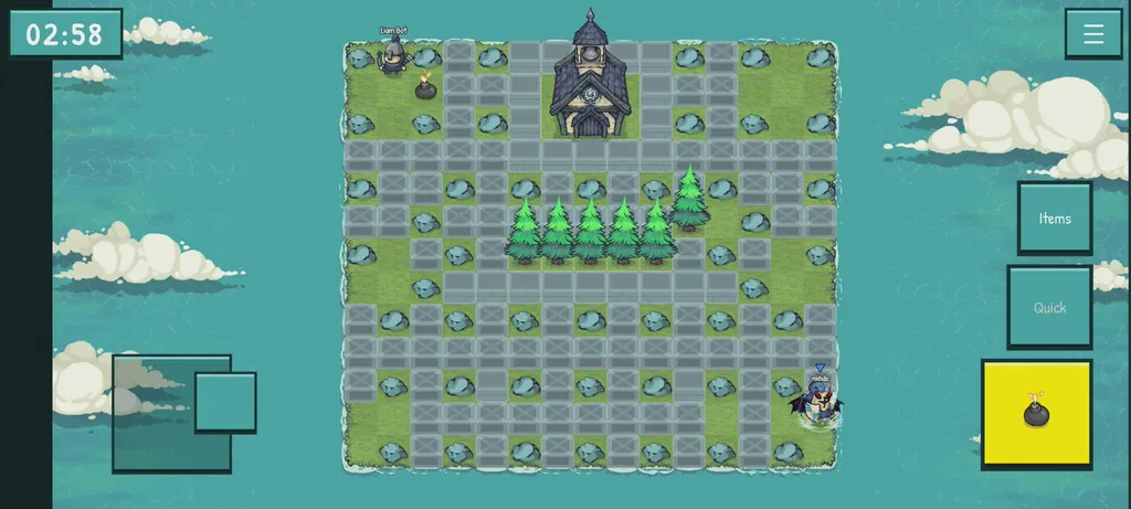 Medieval Boom running on a phone — joystick on the left, bomb and quick-item on the right, the whole arena in landscape.