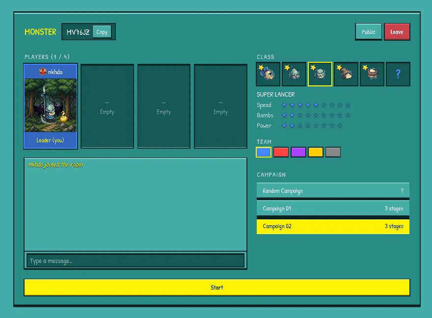 The monster lobby. Campaign picker, team color, class selection. Same game, different vibe.