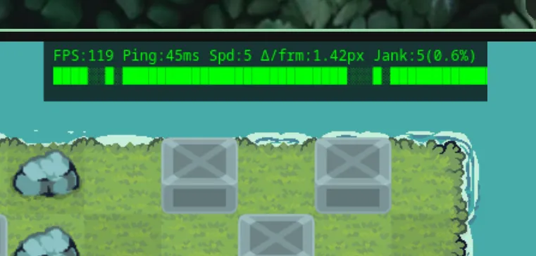 The debug overlay showing FPS, ping, Δ/frm, jank %, and the movement histogram. The gap in the histogram is the teleport.