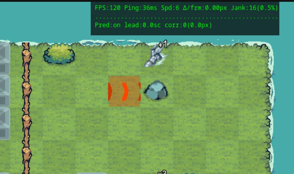 The debug overlay showing prediction lead, correction count, and the same metrics from the previous post. The numbers on screen are the only reason I could tell a real fix from a plausible one.