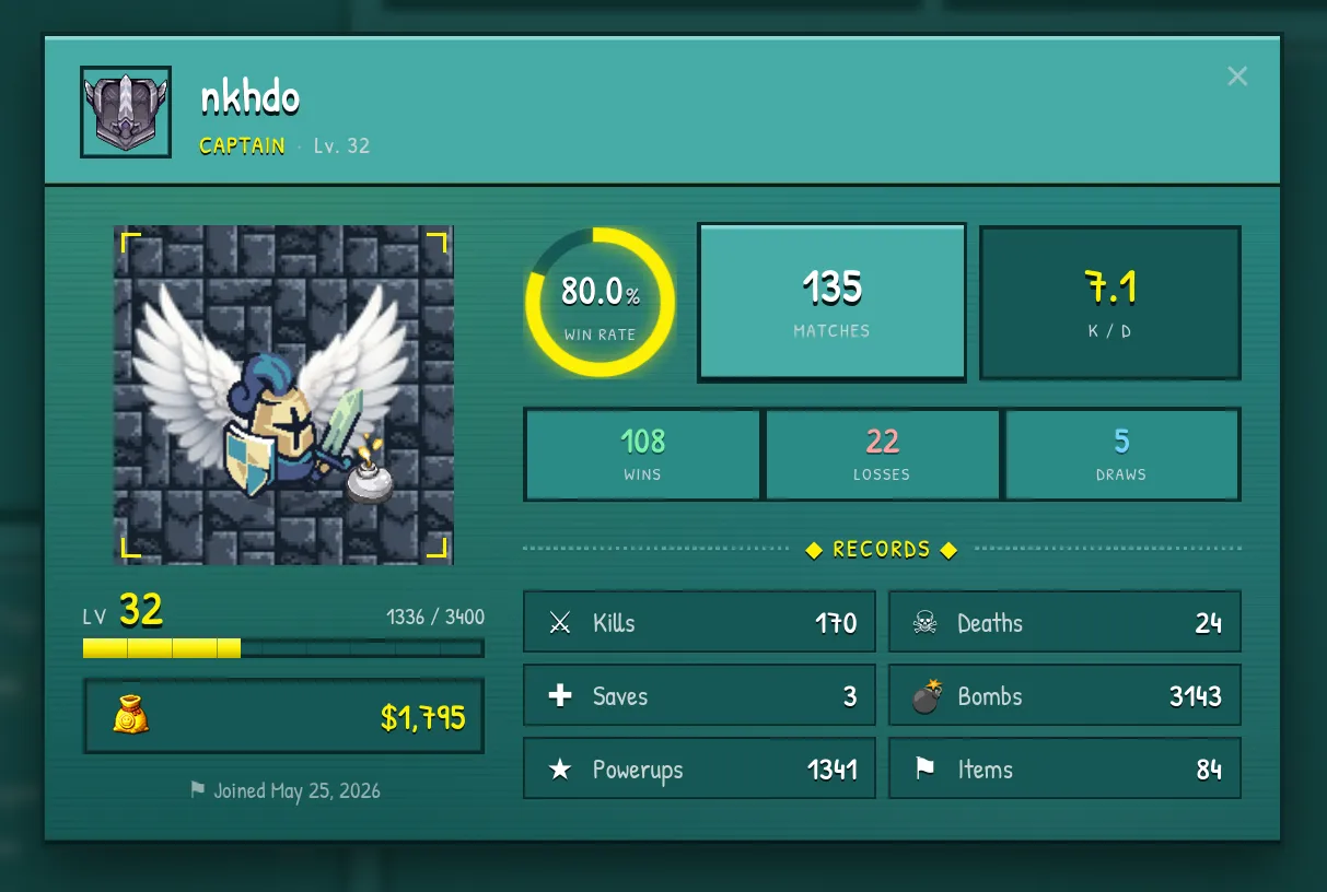 A player profile. Stats, medals, match history. The numbers don't lie, but they don't flatter either.