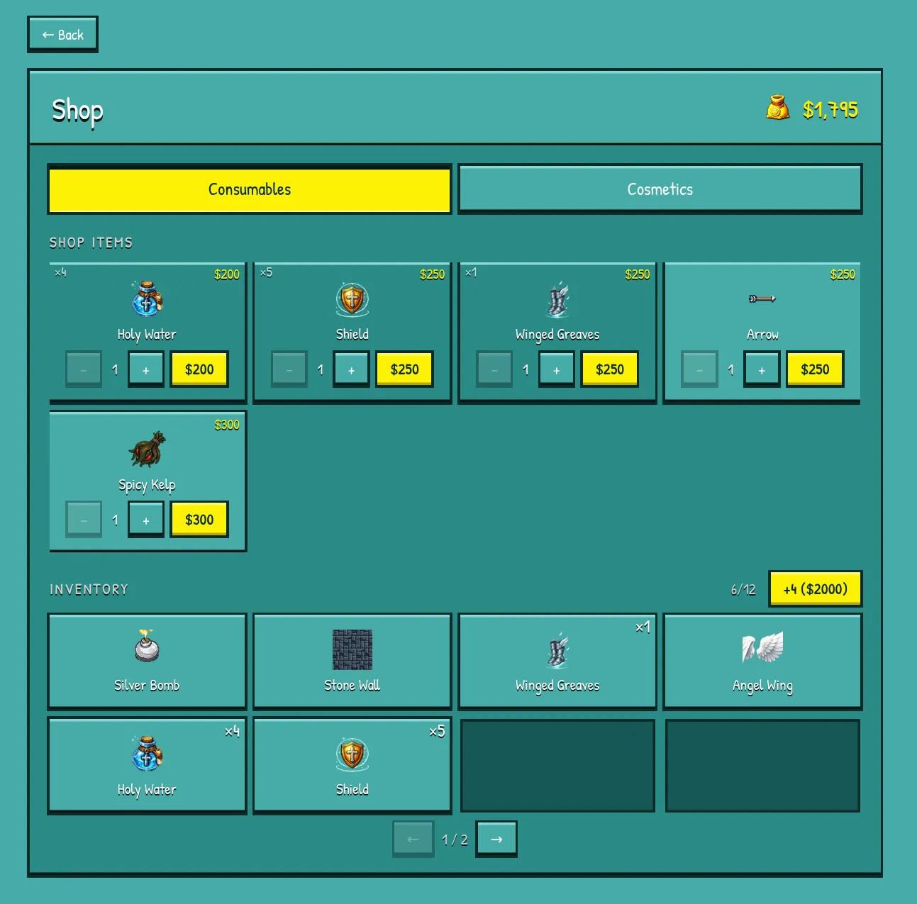 The shop. Two tabs. Everything costs Gold. No refunds.