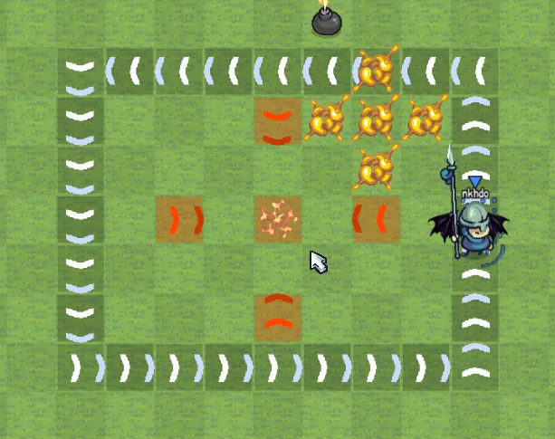 Traps in action. Fire trap, push trap, and a bomb that's about to have a very bad day.